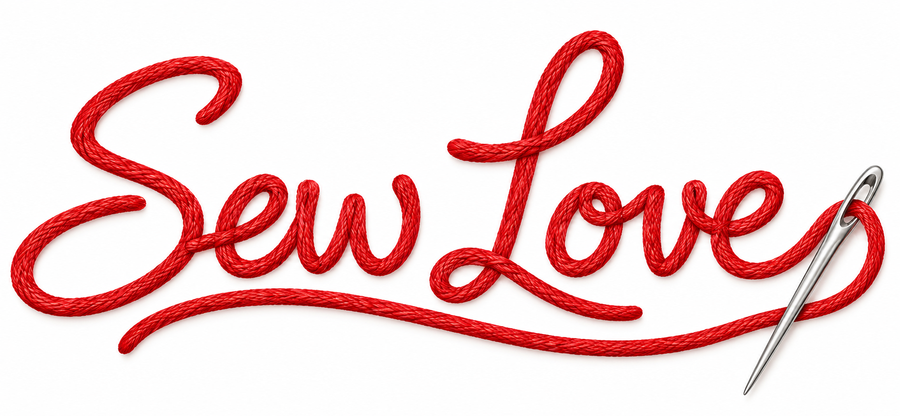 Sew Love logo: red embroidered lettering and needle