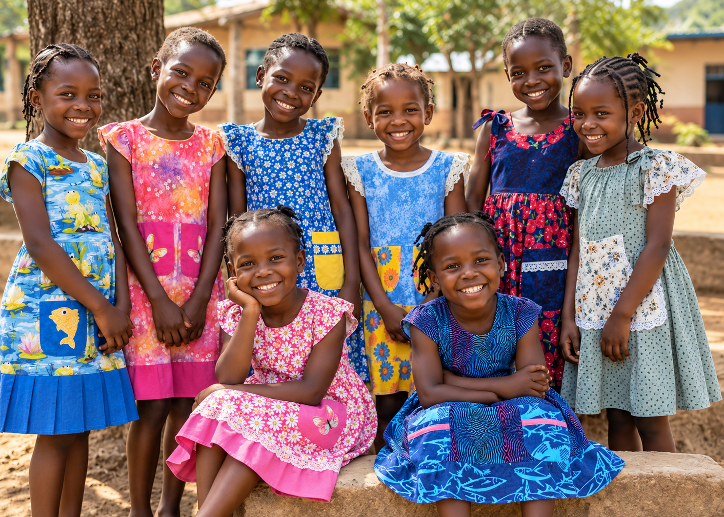 Eight smiling girls wearing colorful dresses